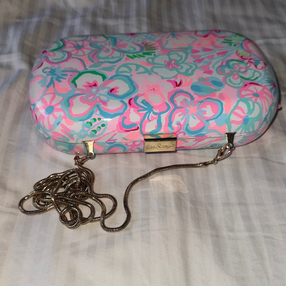 Lilly Pulitzer Pink & Aqua Floral Hard Shell Clutch with Gold Chain